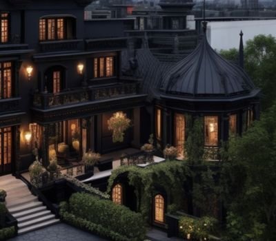 A dome styled luxury house with a panther black exterior and warm light installed in interior, also a staircase space toward outside of it and some plants on both sides.