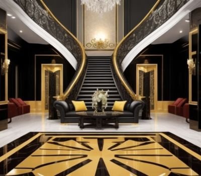 A luxury hall space with gold and black interior and grand staircase in the middle.