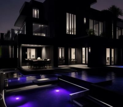 An extremely luxury house with a panther black exterior, a dining space on the outside with a pool space in front. 