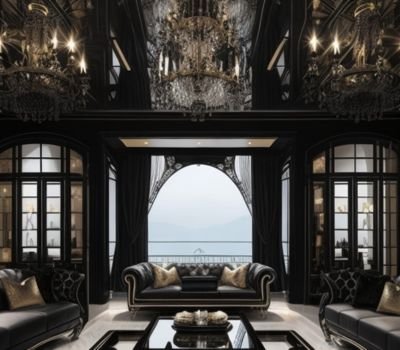 A grand sitting space with black and gold themed interior and chandelier lights.