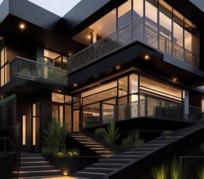 A multi-storey charcoal black walled luxury house with outside staircases and glass framing.