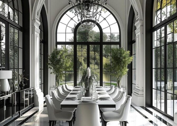 An extremely aesthetic and sophisticated dining table space with four-sided fully glass windows and doors, giving an outside view of serenity.