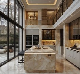 A warm toned open kitchen with marble flooring and countertops also with full length sliding glass door at front giving a fresh and calming outside view.
