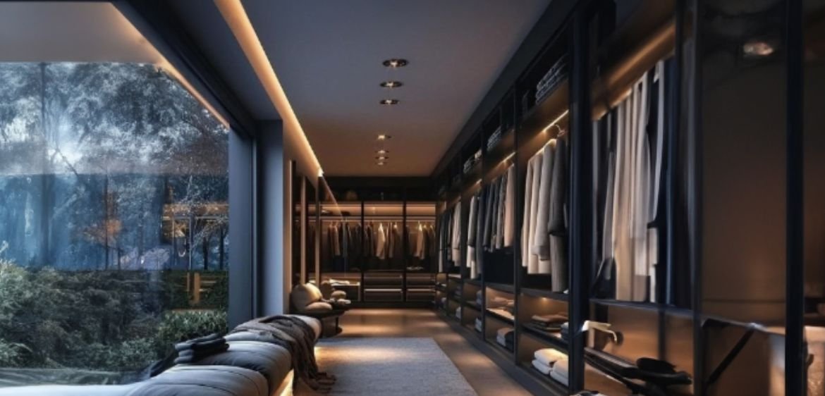 An exclusive walk-in closet area with full length glass windows, giving the view of outside plants.