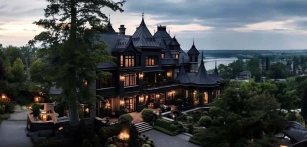 A temple style mansion constructed on an island with black exterior and warm interior lighting.