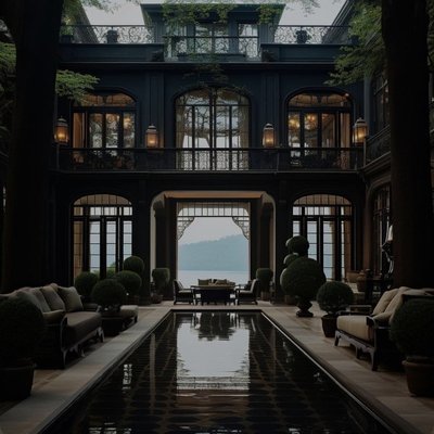 A black exterior mansion with a sitting area at front of both sides of a poll and some trees, preserving the touch of historic restoration and extreme luxury.