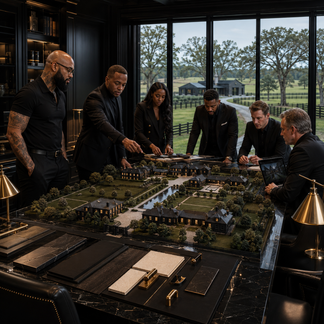 Zane Richardson and Lindell Walters reviewing premium materials and finishes for a custom luxury home design project.