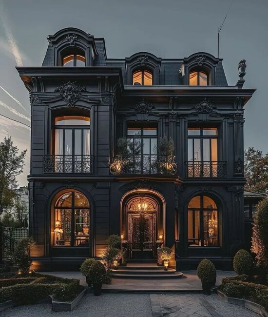 A luxury villa with dynamic black exterior.