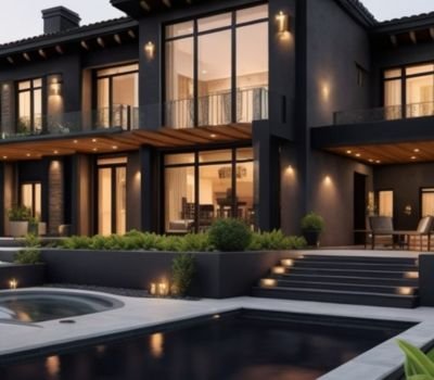 An modern house with bold black exterior and huge glass windows installation, also with a spacious walkway in front of it with a small pool area and plants.
