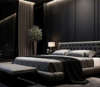 An aesthetic master bedroom with a full-length glass window giving an outside view. 