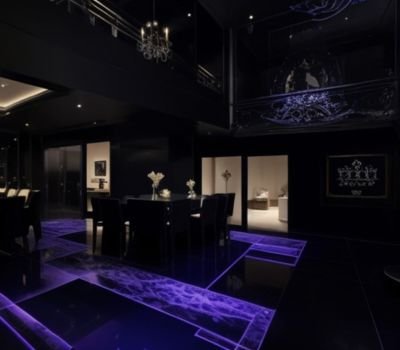 A huge black themed hall space of a restaurant with grand staircase at the entrance also installed with neon violet lighting, giving a sense of coziness.