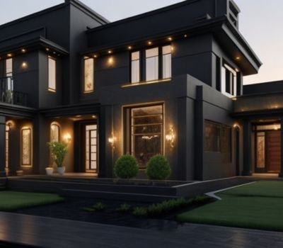 A huge charcoal grey penthouse front with an extensively restored lawn on both sides and warm lights installed inside of it.