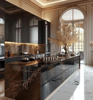 A bright and warm toned premium kitchen with marble epoxy countertops and flooring.