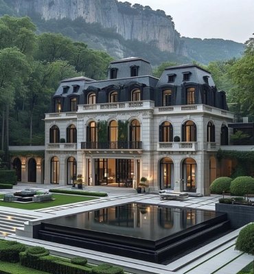 Dome style premium lawn facing villa with black and white exterior.