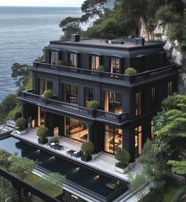A multi-storey luxury house with black hardwood style exterior on an island.