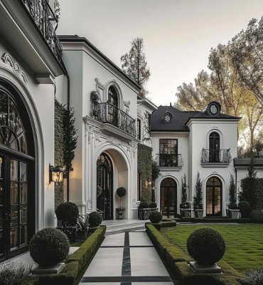 A modern house with timeless white, black exterior combination, facing lawn.