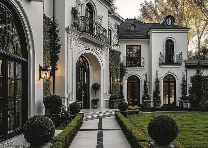 A modern house with timeless white, black exterior combination, facing lawn.