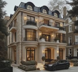 A temple style mansion constructed on an island with black exterior and warm interior lighting.