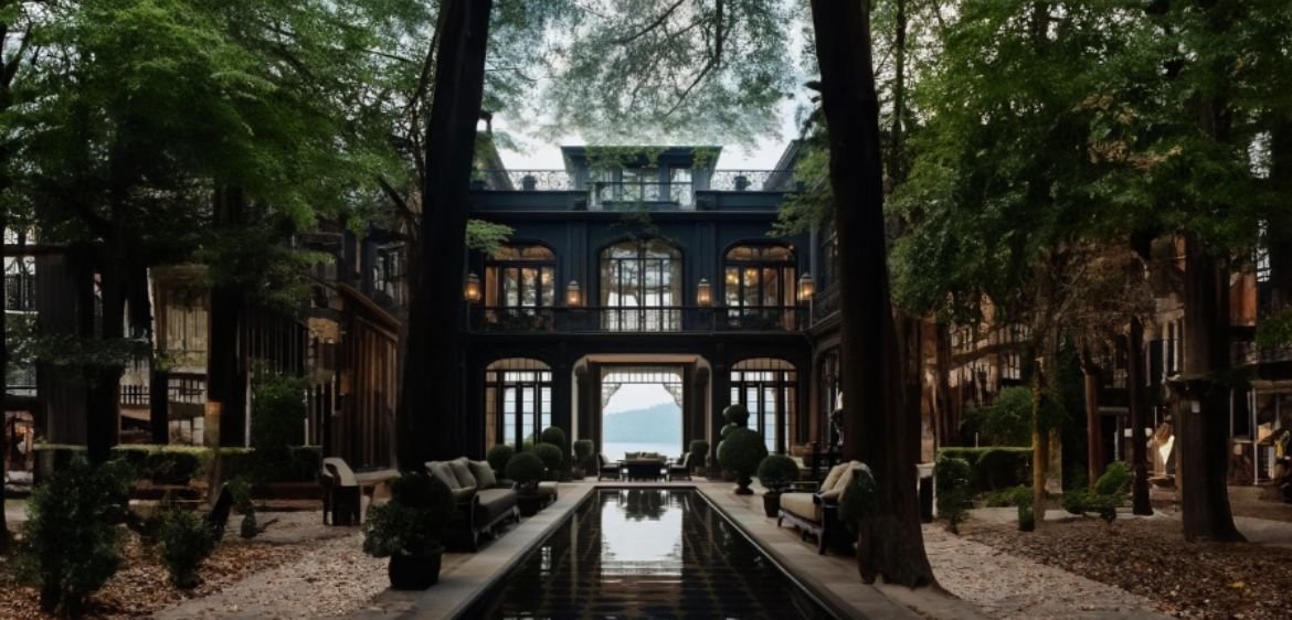 A warm toned open kitchen with marble flooring and countertops also with full length sliding glass door at front giving a fresh and calming outside view.